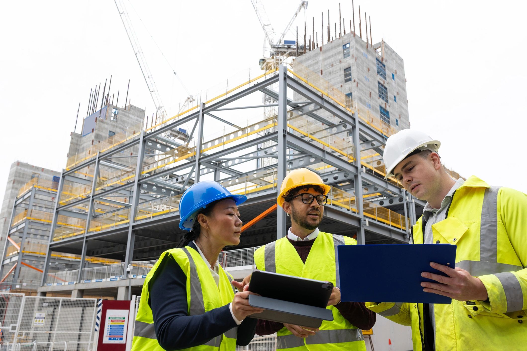 Equipo industrial revisando planos en obra